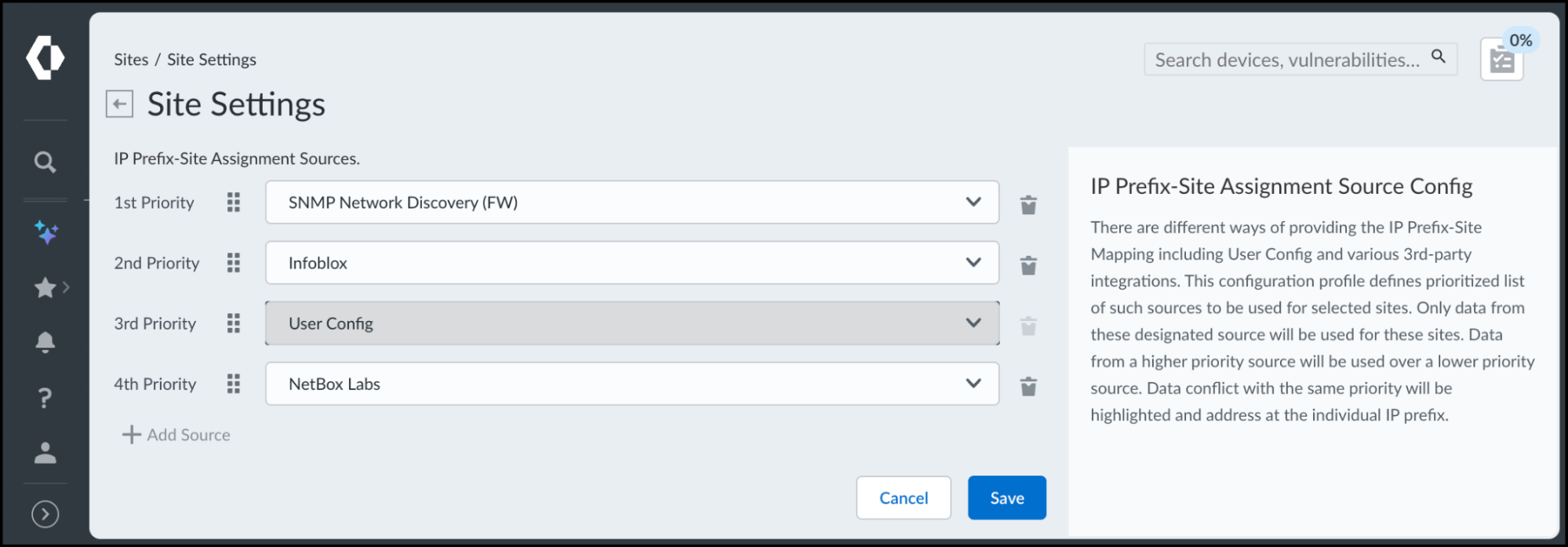   The IP Prefix-Site Assignment Sources in Site Settings, where                                 global source priorities are managed  