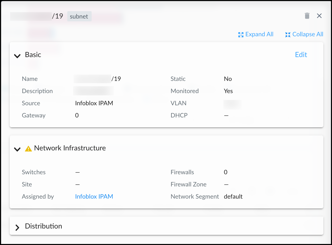  The Subnet Details dialog displaying the Network                                         Infrastructure information for a subnet with multiple                                         sources for site assignments  