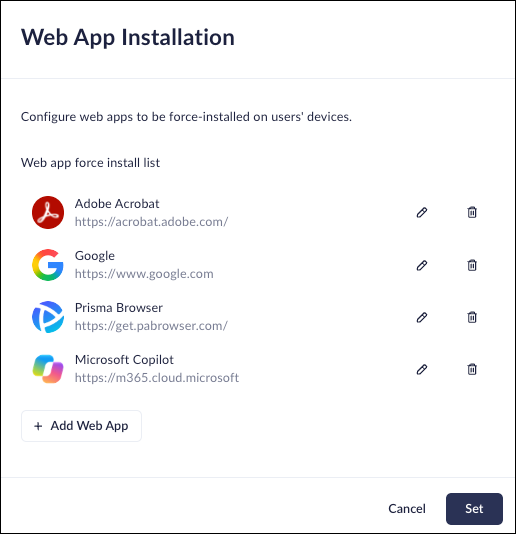   The Web App Installation control with a configured list of web apps  