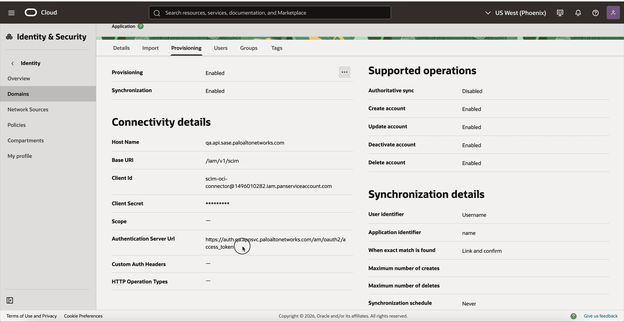   Configuring the connectivity details for the SCIM application in OCI.  